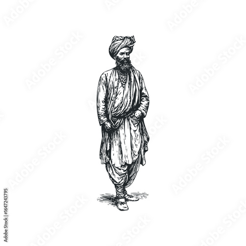 Vintage engraving of Indian man with turban and traditional attire