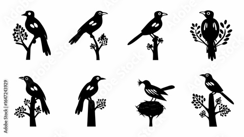 Wallpaper Mural Illustration of various black birds perched on branches and a nest in silhouette style art work Torontodigital.ca