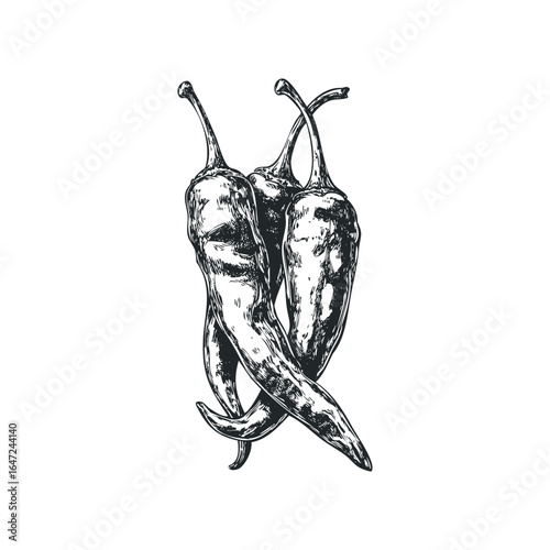 Hand Drawn Spicy Chili Peppers Bunch Isolated on White Background