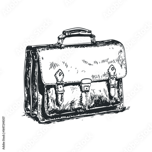 Hand-drawn sketch of a vintage leather briefcase with buckles
