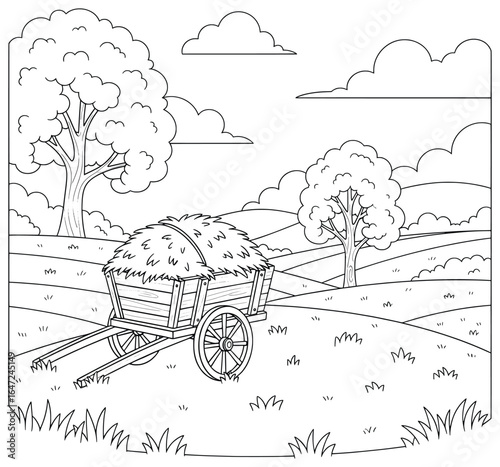 Scenic countryside landscape illustration with a wooden cart full of hay, grassy fields, and trees in a peaceful black and white line art coloring page design