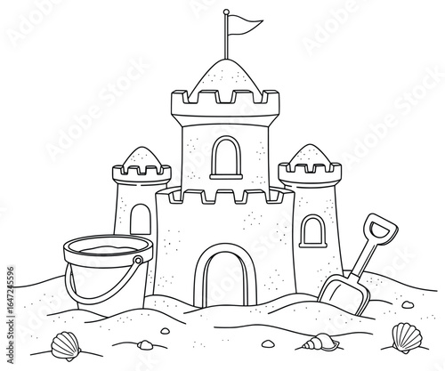 Black and white illustration of a detailed sandcastle with towers, flag, and surrounding beach elements like bucket, shovel, and seashells, perfect for coloring books or summer-themed designs.