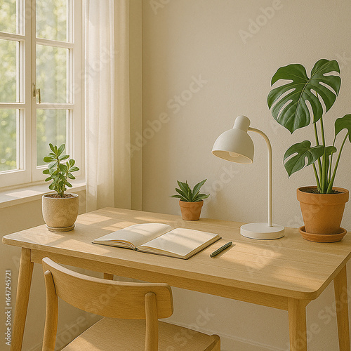 Minimal workspace with wooden desk, plants, and sunlight, Scandinavian style