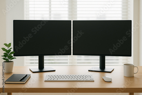 Minimal clean desk setup with dual monitors, natural light, productivity mood