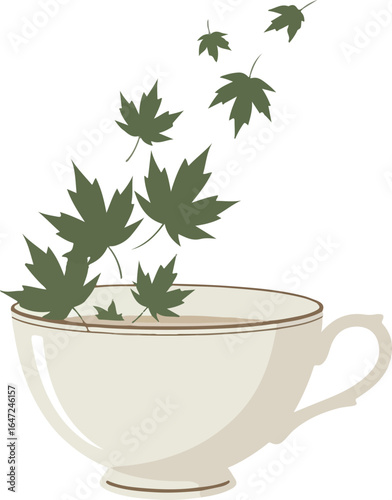 Silhouette of a teacup with floating autumn leaves, elegant seasonal design for cozy tea themes, fall decor, and warm beverage art

