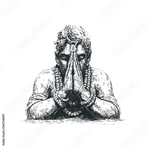 Indian man with prayer beads and forehead mark in reverent pose