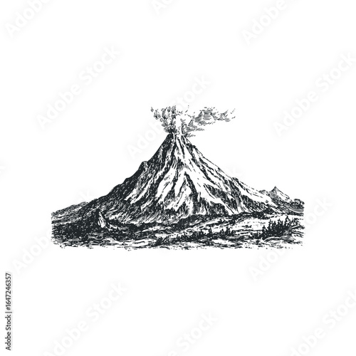 Volcano spewing ash and smoke in a dramatic landscape scene
