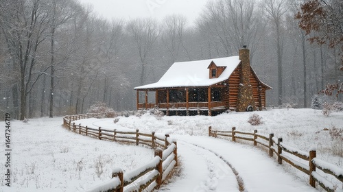 Winding Snowy Path to a Rustic Log Cabin Amidst a Gentle Winter Snowfall.