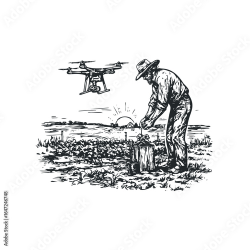 Farmer interacts with agricultural drone surveying crops at sunrise