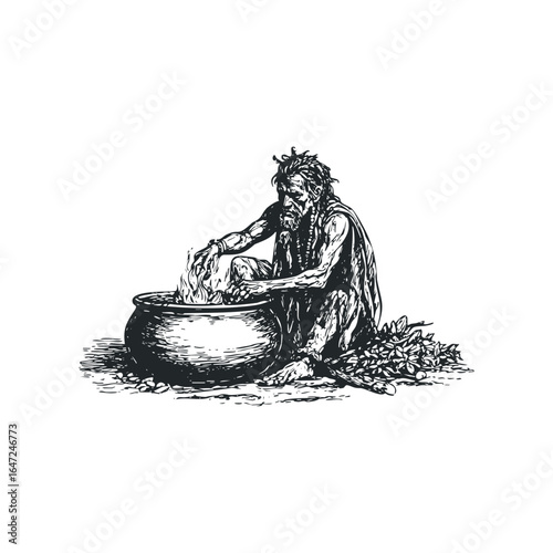 Primitive man tending fire in large cauldron with herbs