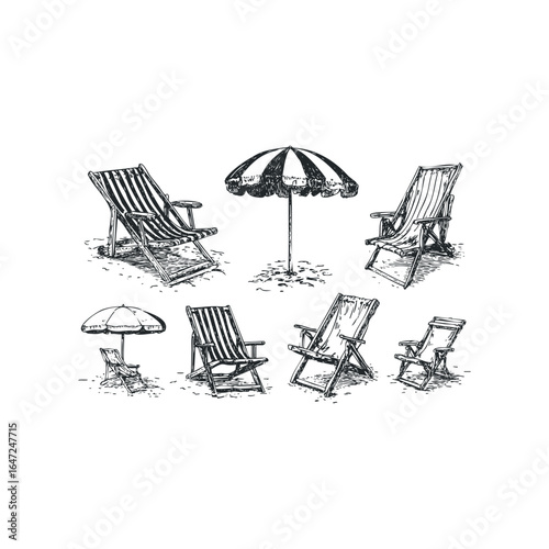 Sketch of assorted beach chairs and umbrellas on sand
