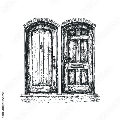 Sketch of two arched wooden doors with knockers and mail slots