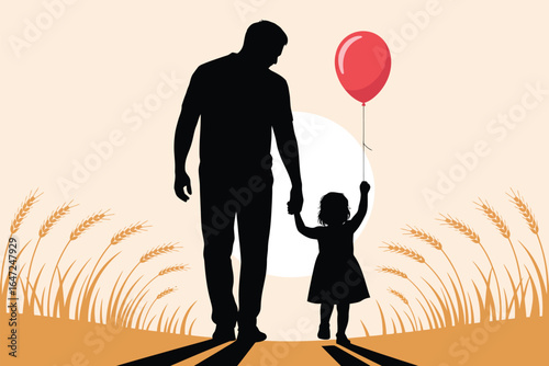 Silhouette of adult and child holding hands with red balloon at sunset in grassy field, symbolizing love, care, and peaceful companionship