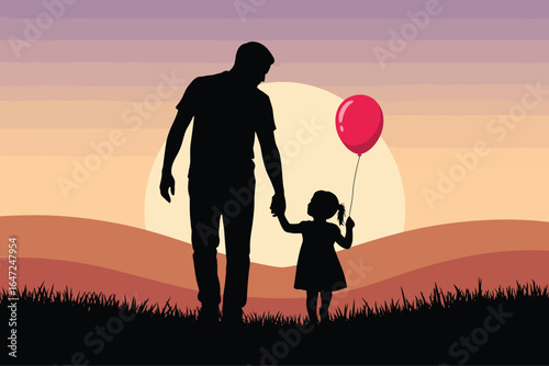 Silhouette of adult and child holding hands with red balloon at sunset over grassy hills, symbolizing love, care, and peaceful connection