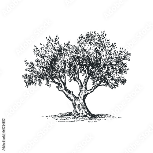 Hand Drawn Olive Tree with Textured Bark and Lush Foliage