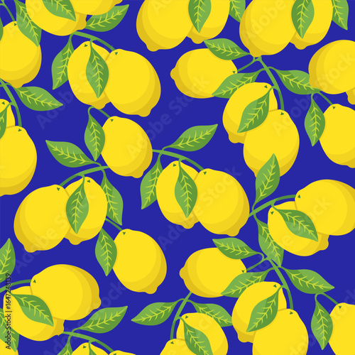 Seamless lemon pattern with green leaves on bold blue background. Fresh yellow lime fruit vector illustration. Tropical fruit seamless pattern for background, print, textile, surface design.