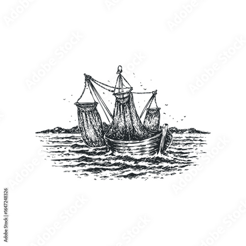 Vintage fishing trawler with nets on choppy sea and distant shore