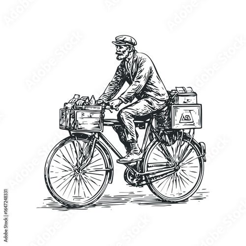 Vintage man with beard riding bicycle loaded with goods