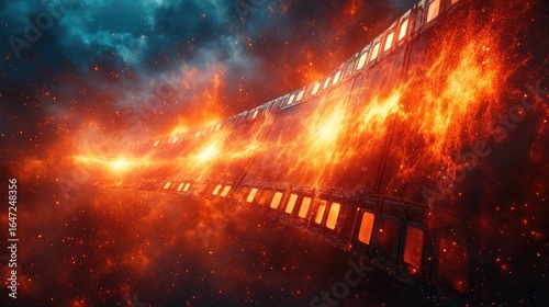 Galactic Premiere: An Epic Film Strip of Fire Blazes Through a Cosmic Nebula.