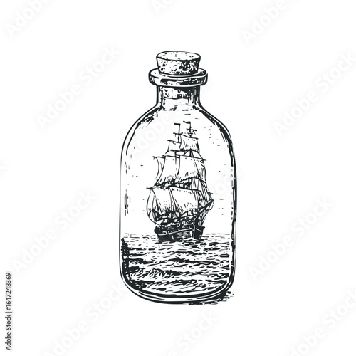Antique Sailing Ship Captured Inside a Glass Bottle on Wavy Ocean