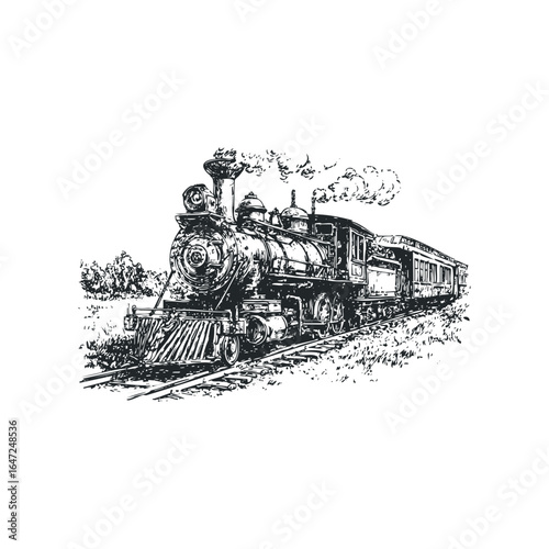 Sketch of a Vintage Steam Locomotive Moving Along Tracks with Smoke
