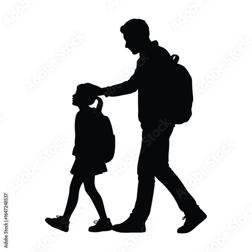 Silhouette of adult placing hand on child’s head while walking with backpacks, symbolizing care, trust, parenting, and emotional bonding
