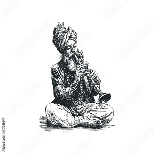 Indian man playing wind instrument while sitting cross-legged