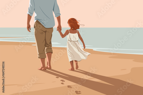 Adult and child walking barefoot on beach at sunset, holding hands with footprints behind, symbolizing peace, bonding, and gentle care