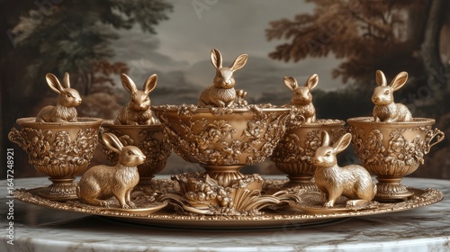 Opulent Golden Rabbit Figurines and Ornate Vessels on a Decorative Tray, Evoking Easter Luxury