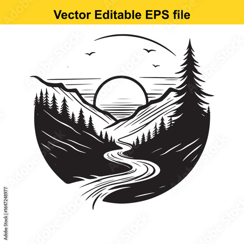 Black and white circular landscape with river, mountains, sun and pine trees