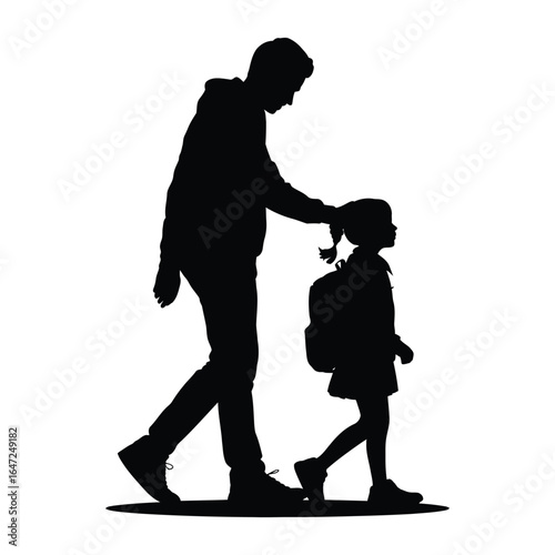 Silhouette of adult gently touching child’s head while walking together, symbolizing care, trust, parenting, and emotional connection