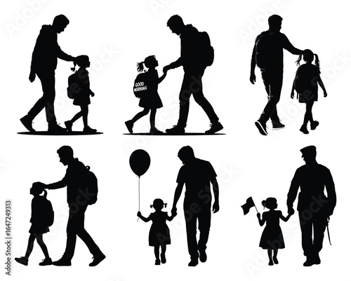 Set of six silhouettes showing adult and child in various bonding poses with backpack, balloon, and flag, symbolizing care and connection