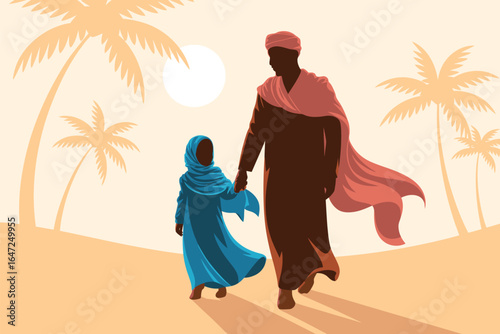 Silhouette of adult and child walking hand in hand in desert with palm trees and sun, symbolizing tradition, care, and cultural bonding