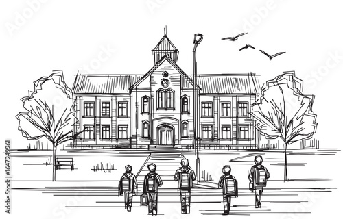 Schoolchildren go to school. Sketch. Doodle style, landscape