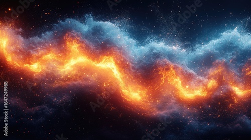 Fiery Cosmic Nebula with Swirling Blue Gas and Distant Stars