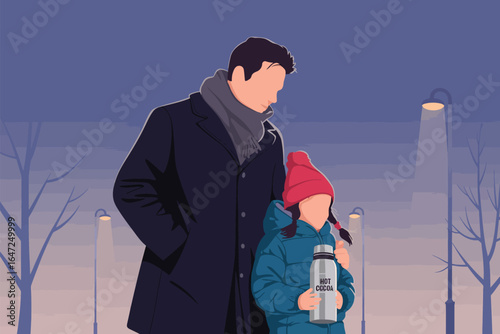 Adult and child standing outdoors with thermos and backpacks under streetlights, symbolizing warmth, bonding, and evening companionship