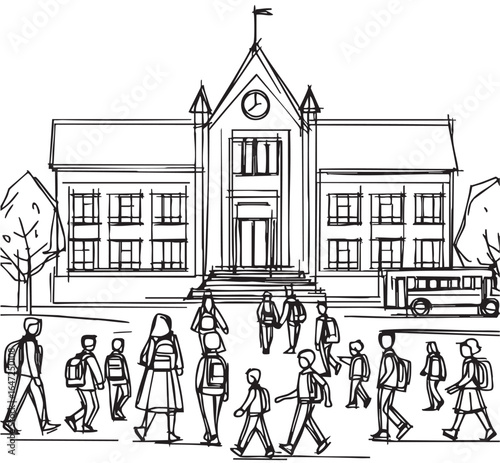 Schoolchildren go to school. Sketch. Doodle style, landscape