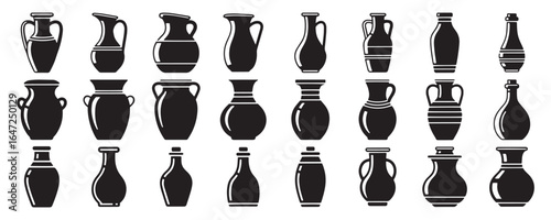 vase silhouette set, vase vector collection, diverse vase designs, ancient, ceramic, potter, amphora, . Ideal for interior design, art decor, elegant visuals