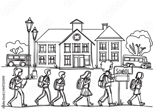 Schoolchildren go to school. Sketch. Doodle style, landscape