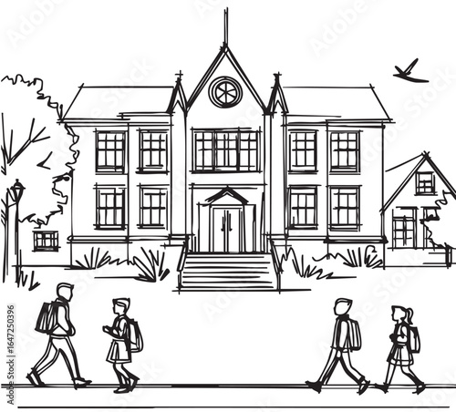 Schoolchildren go to school. Sketch. Doodle style, landscape