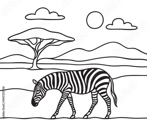 Landscape with zebra with stripped fur. Flat black sketch
