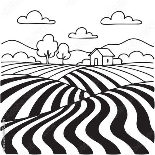 Futuristic Landscape with fields in black stripped as zebra. Flat black sketch