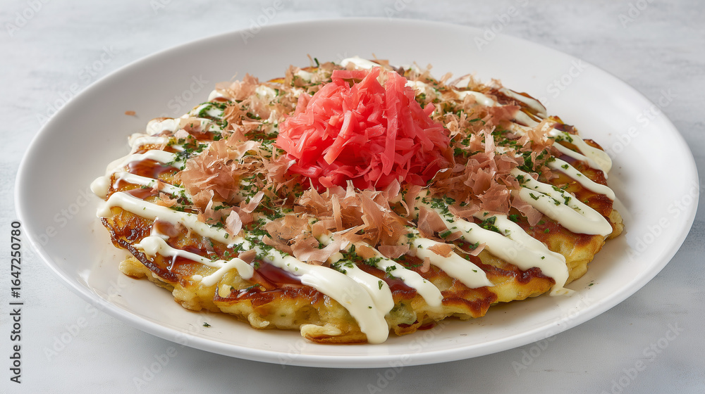 Fototapeta premium 紅生姜と鰹節がたっぷり乗った美味しそうなお好み焼き