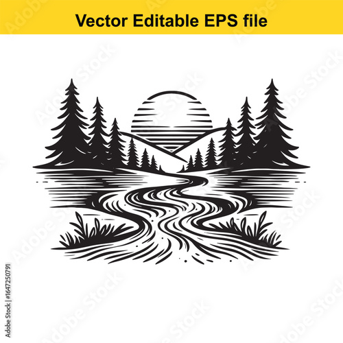 Black and white illustration of a winding river through mountains and forest at sunset