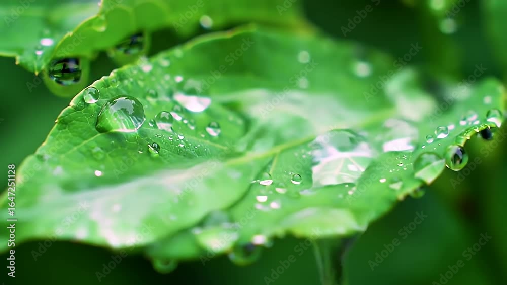 Close-up of a green leaf covered with glistening water droplets Close-up of a green leaf covered with glistening water droplets