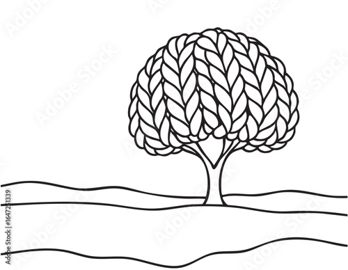 line sketch landscape with tree as volumetric knitted plaid, futuristic