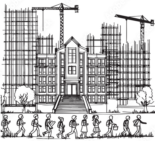 Schoolchildren go to school. Sketch. unfinished school. construction crane