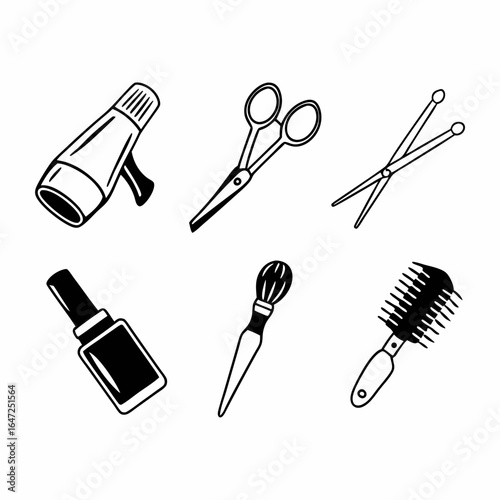 Collection of beauty and hair salon tools isolated on white background, featuring hairdryer, scissors, nail polish, brushes, and hairpins