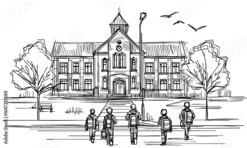 Schoolchildren go to school. Sketch. Doodle style, landscape