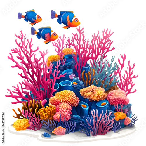 Vibrant coral reef scene with playful fish swimming above colorful aquatic plants, perfect for design projects